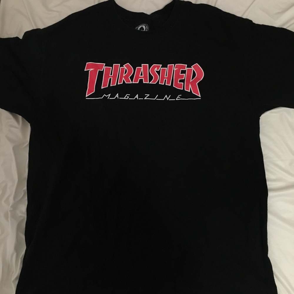 black with red lettering thrasher shirt